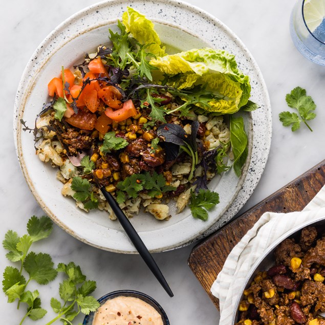 Minute Mexi Beef Naked Burrito With Cauli Rice Chilli Beans My