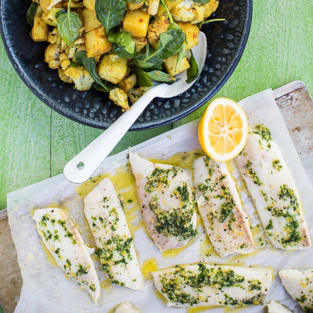 Lemon Garlic Butter Grilled Fish with Curry Roasted Vegetables