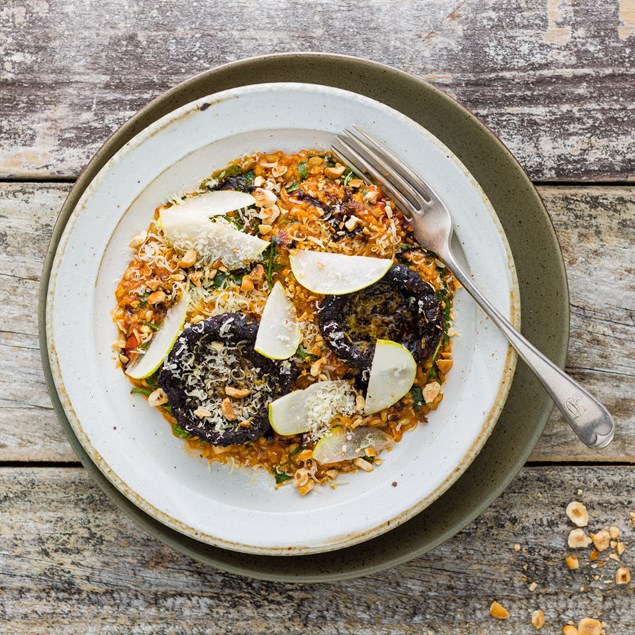 Roast Horopito Mushrooms with Freekeh, Hazelnuts and Pear