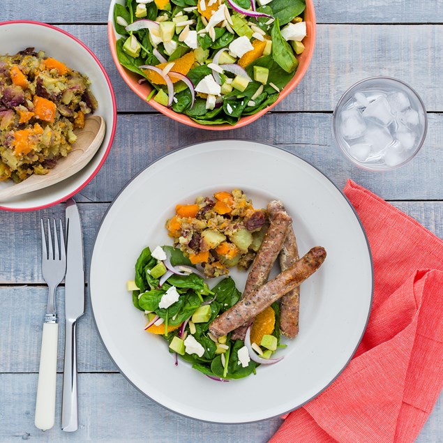 Pork and Herb Sausages With Zesty Kumara Smash