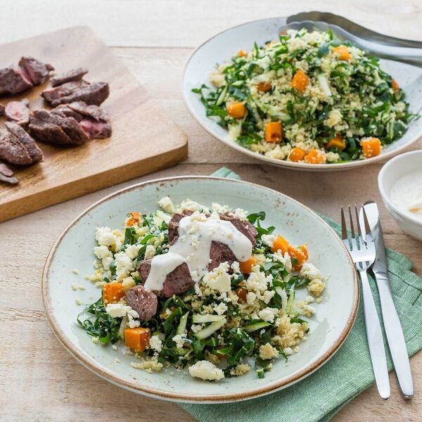 Lamb with Roast Pumpkin and Broccoli Couscous and Sumac Drizzle