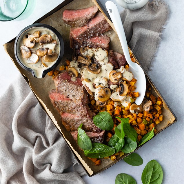 Beef Sirloin Steaks with Pumpkin & Creamy Mushrooms