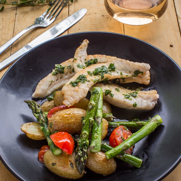 Crispy Skin Fish with Baby Spuds, Asparagus, Tomatoes and Herb Sauce