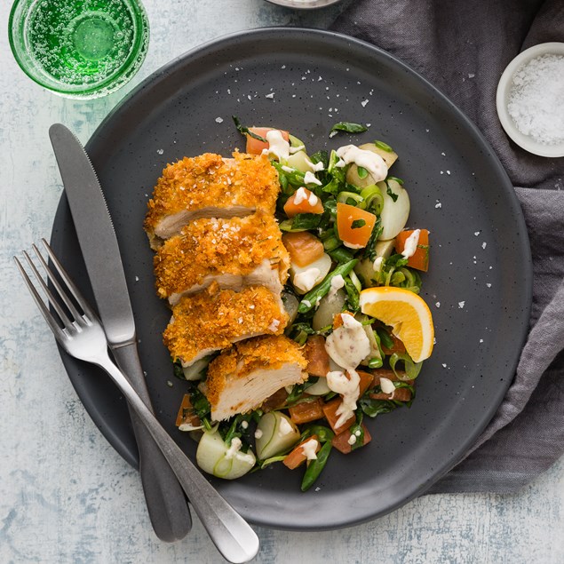 Cajun Crumbed Chicken Schnitzel with Dijonaise Potato Salad