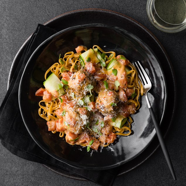 Chicken Meatballs with Chilli Tagliolini and Sundried Tomato Cream