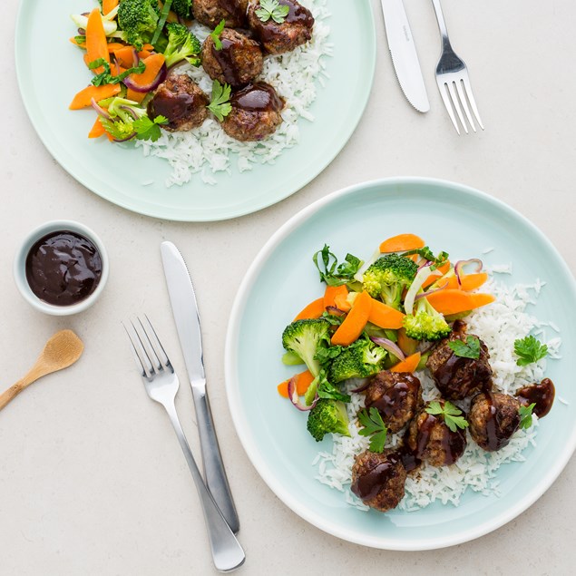 Hoisin Chicken Meatballs and Veggie Stir-Fry with Jasmine Rice