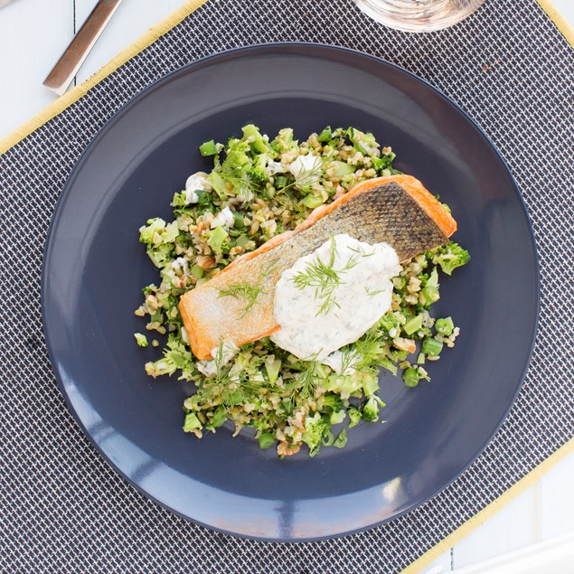 Crispy Salmon with Freekeh Tabbouleh and Dill Caper Mayo
