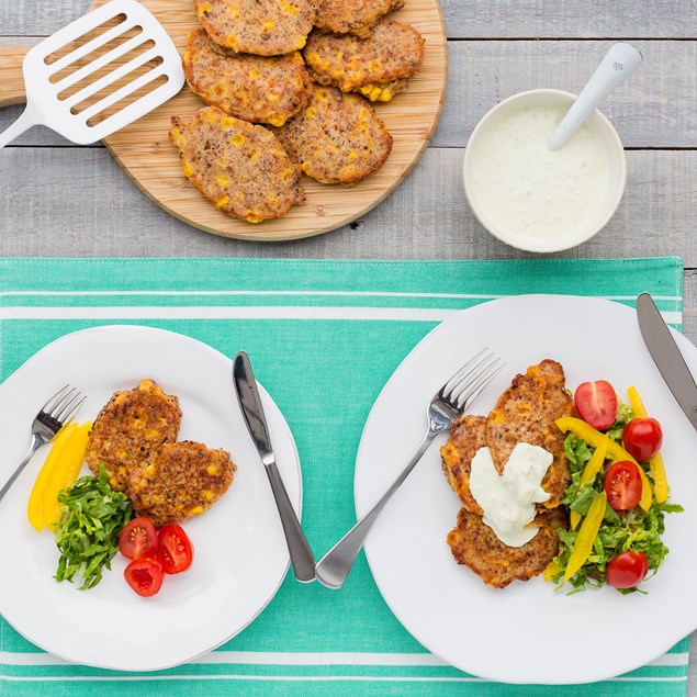 Sweetcorn and Bacon Fritters with Avocado cream
