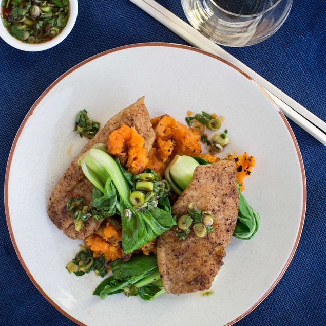 Pan-Fried Fish with Smashed Miso Kumara, Bok Choy and Soy Chilli Dressing