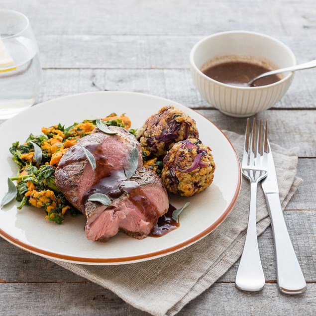 Butterflied Lamb Leg with Stuffing Balls and Honeyed Pumpkin