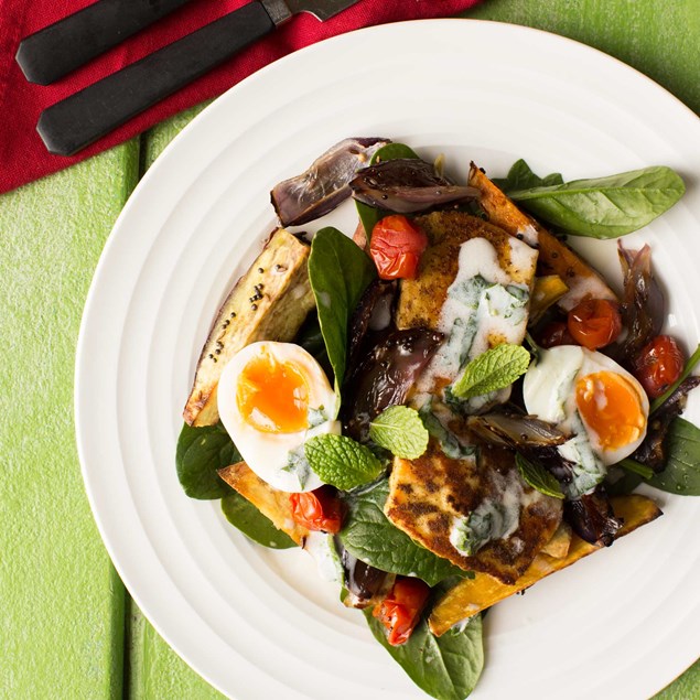 Indian Spiced Haloumi with a Warm Roast Vegetable and Egg Salad 