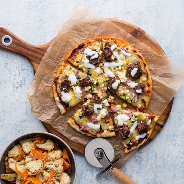 Greek Lamb Pizza with Yoghurt Drizzle and Sesame Cauliflower