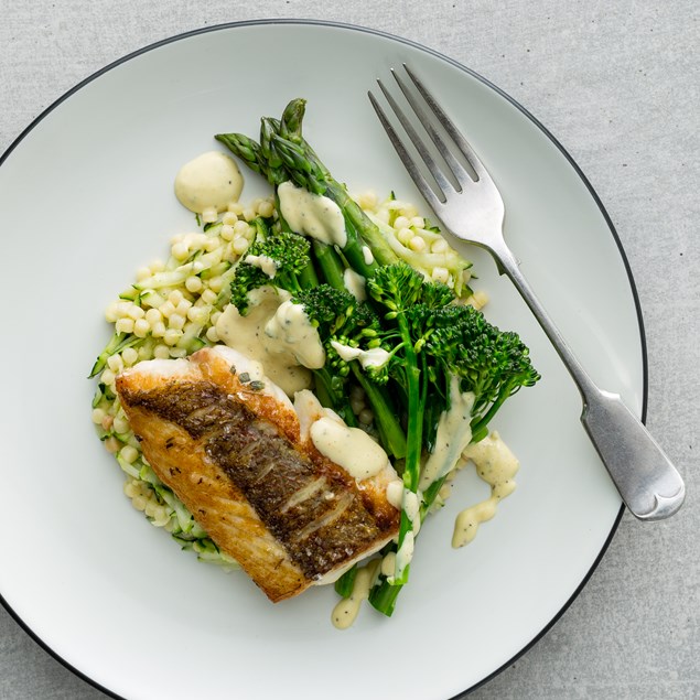 Crispy Skin Fish with Fregola, Buttered Greens and Hollandaise