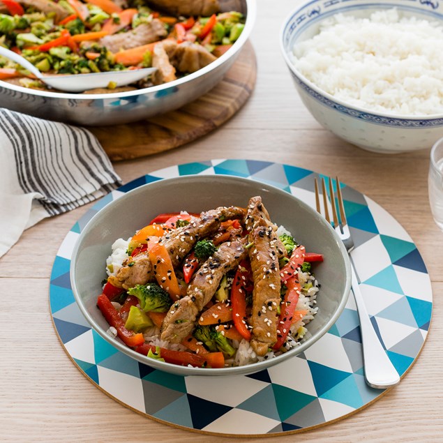 Sticky Pork Fingers with Sesame Rice and Vegetables