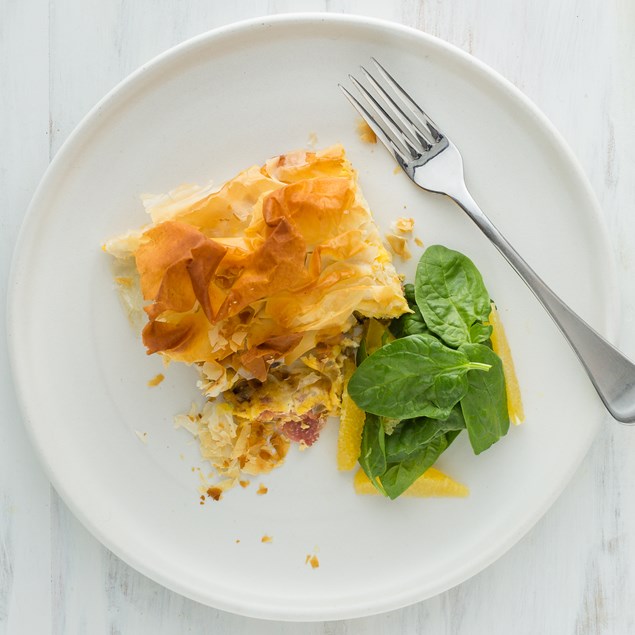 Bacon, Egg and Sweetcorn Filo Pie