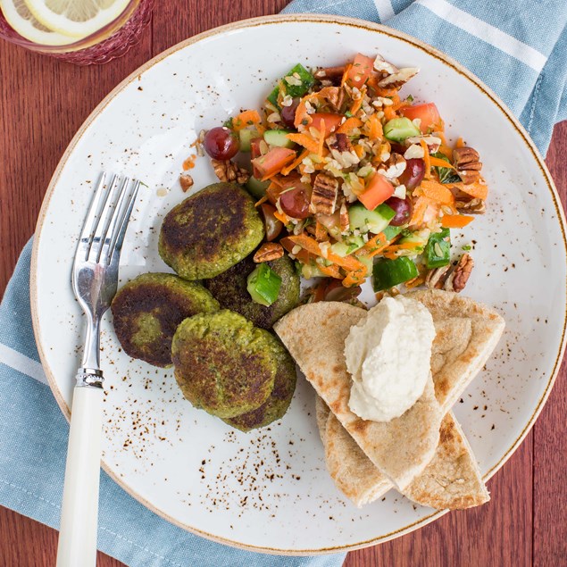 Falafel with Freekeh Tabbouleh, Hummus and Pita Bread