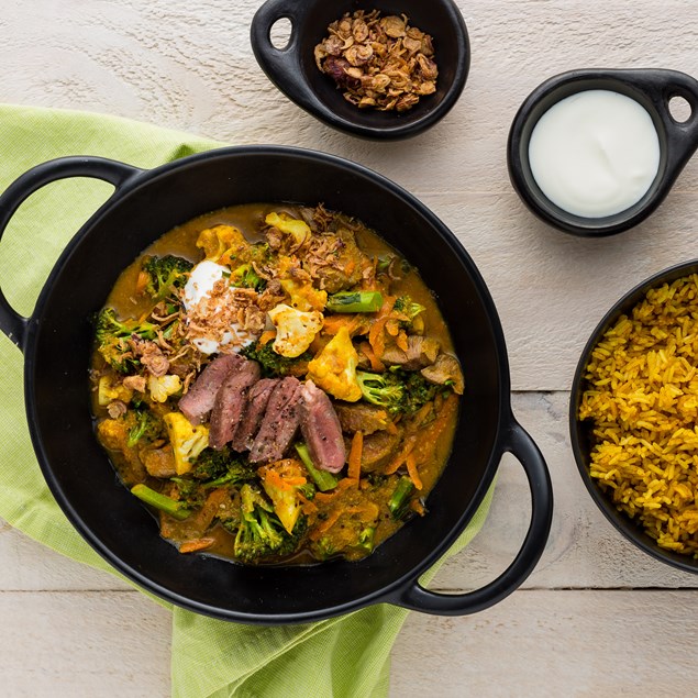 Lamb Madras with Yellow Rice and Crispy Shallots