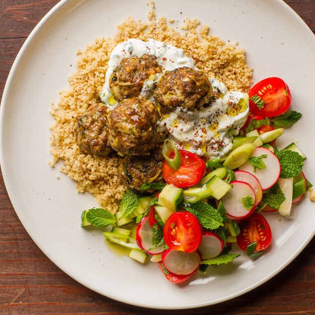 Lamb Kofta with Couscous, Salad and Sumac Yoghurt Dressing