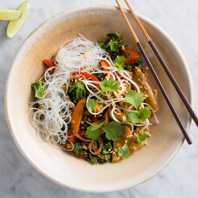 Chicken Peanut Noodles with Stir-Fry Veggies and Sprouts