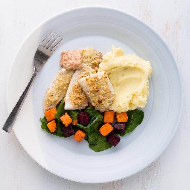 Cashew Crumbed Fish with Roast Veg and Potato Mash