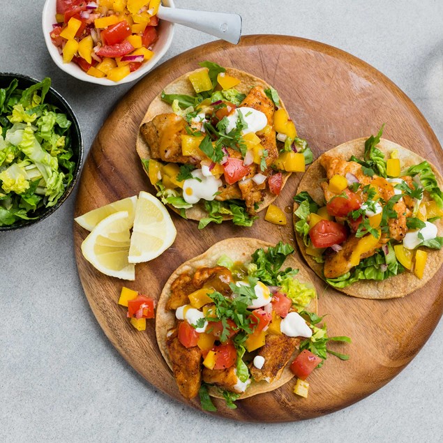 Cajun Fish Tostadas with Tomato Capsicum Salsa, Sour Cream and Mango Sauce