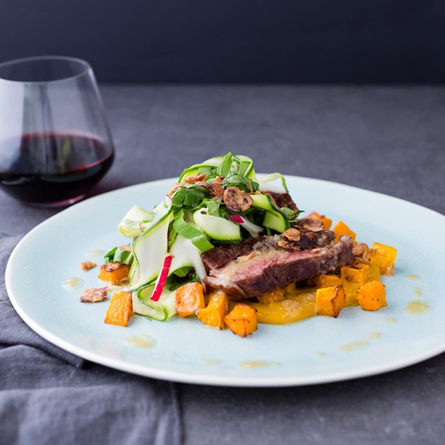 Beef Scotch Fillet with Pumpkin Assiette and Miso-Dressed Vegetables