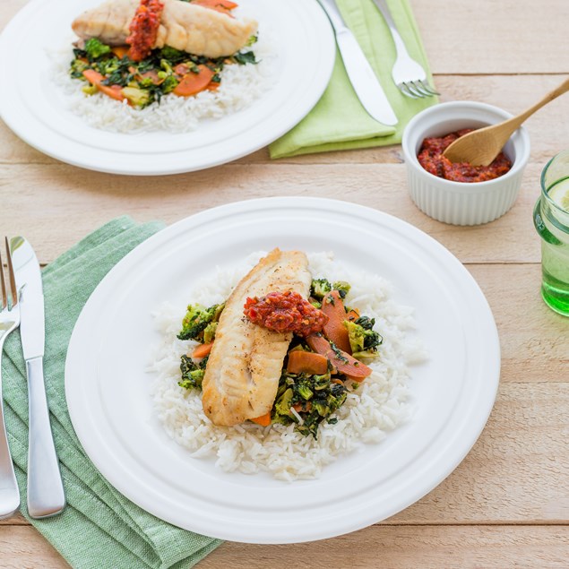 Pan-Fried Fish with Coconut Rice and Chilli Jam