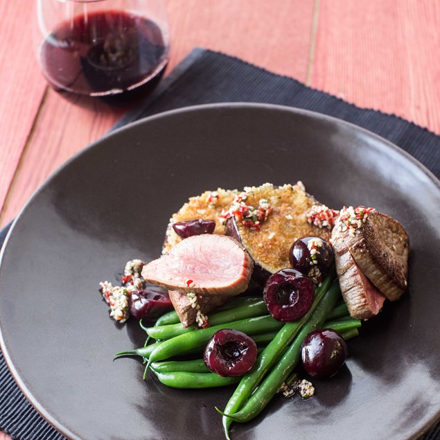 Venison with Crumbed Eggplant, Green Beans and Red Wine Cherries