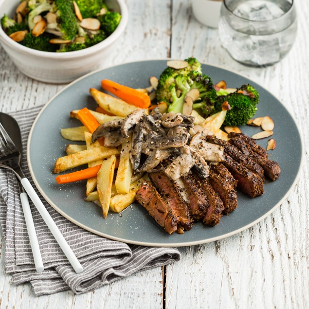 Beef Rump Steaks with Creamy Mushroom Sauce & Almond Broccoli
