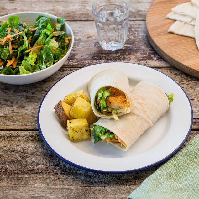 Lemon Pepper Fish Wraps and Potato Bites with Salad and Tomato Mayo