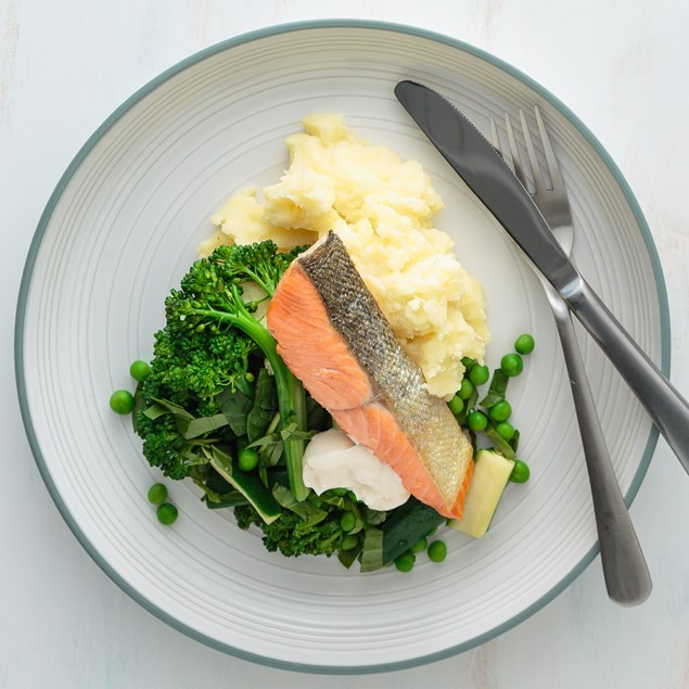 Crispy Skinned Salmon with Potato Mash and Greens