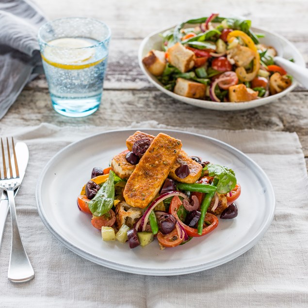 Crispy Greek Tofu with Marinated Capsicum Salad and Focaccia Croutons