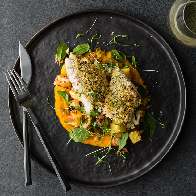 Furikake Fish with Spiced Carrot Ginger Purée and Baby Coriander