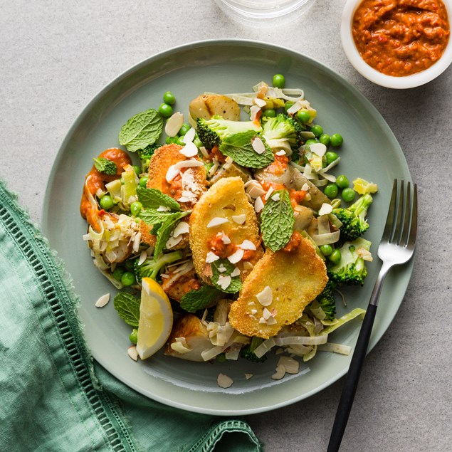 Polenta Crusted Haloumi With Sundried Tomato Pesto & Potato Leek Salad