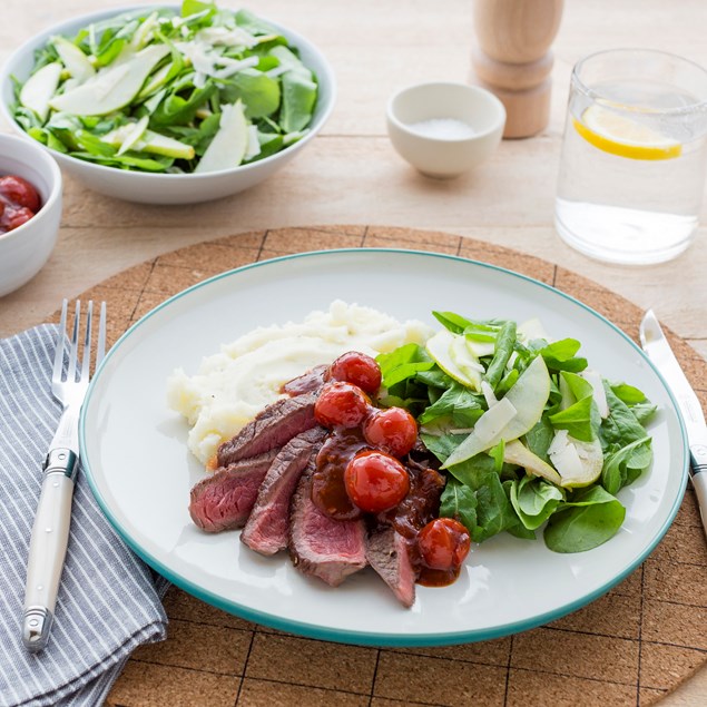Beef with Balsamic Tomatoes, Parmesan Thyme Mash and Rocket Salad