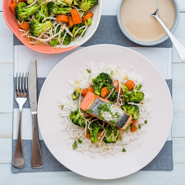 Crispy Salmon with Coconut Rice and Stir-Fried Veggies