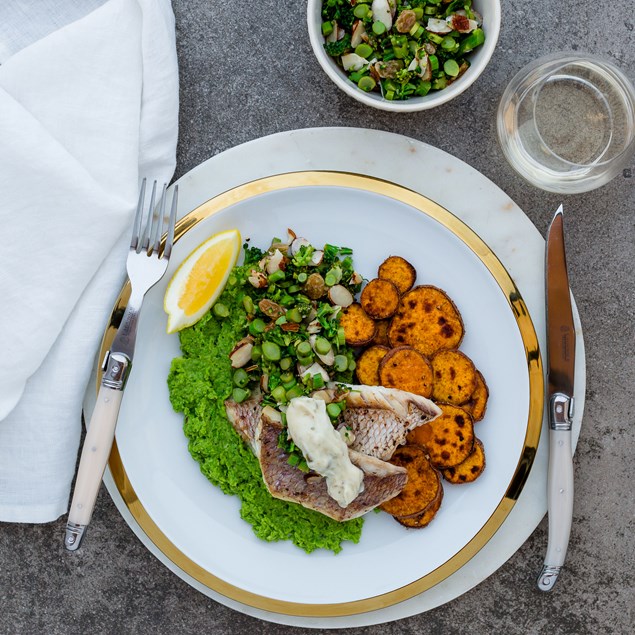 Crispy Skinned Fish with Pea Puree and Broccolini Salsa 