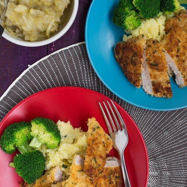 Sage and Parmesan Crumbed Pork Schnitzel with Apple Sauce and Mash
