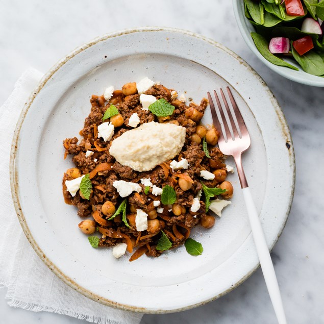 Greek Venison and Beef Bowls with Feta, Salad and Carrot Hummus