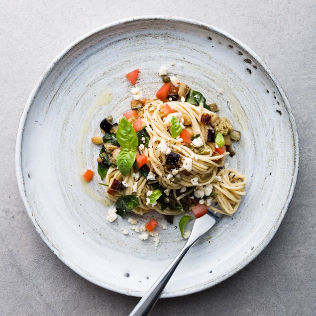 Eggplant and Caper Spaghetti with Green Olive Tapenade and Salted Ricotta