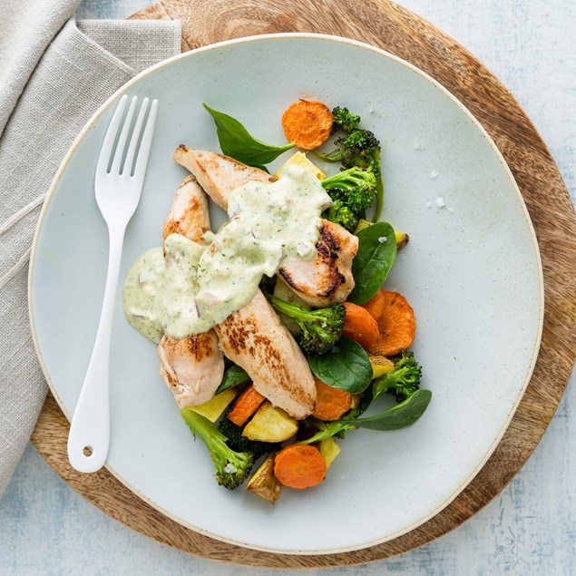 Creamy Basil Pesto Chicken with Roasted Vegetable Toss