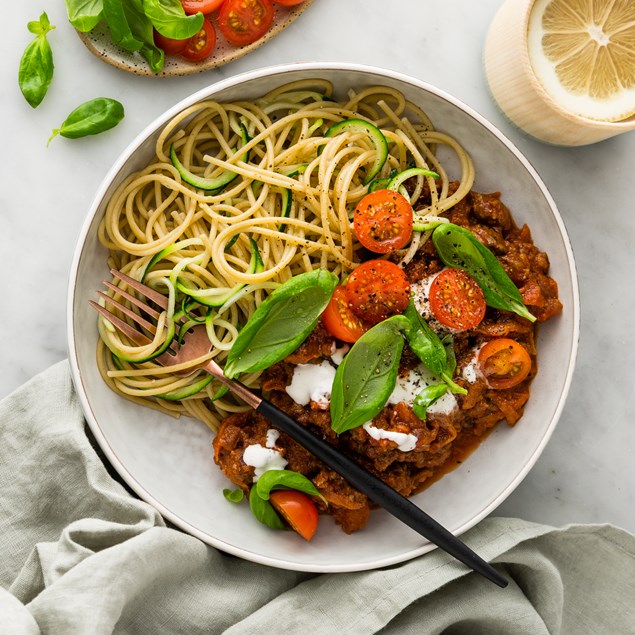 Venison & Beef Spaghetti with Fresh Tomatoes & Garlic Crema