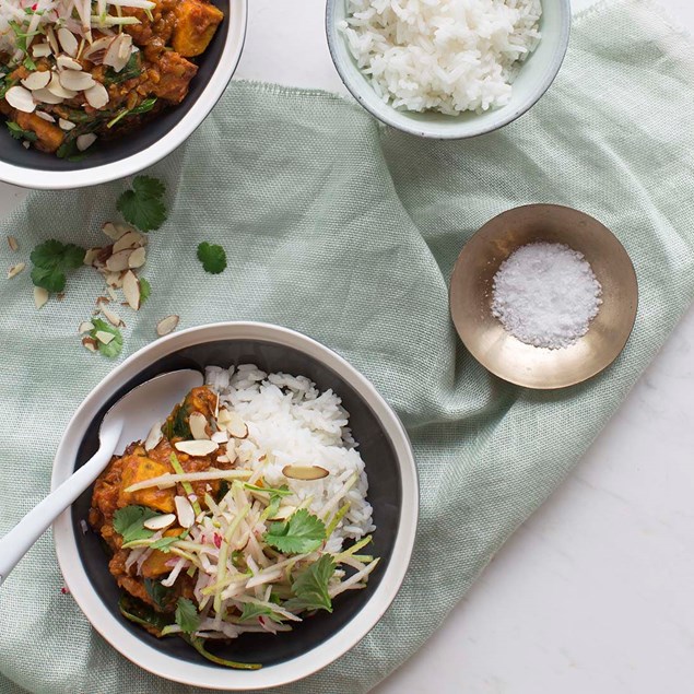 Golden Kumara Dhal with Radish-Pear Pickle and Almonds
