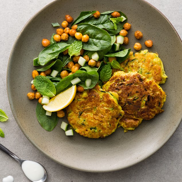 Haloumi & Courgette Fritters with Roasted Chickpea Salad