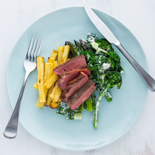 Beef Sirloin and Garlic Salt Chips with Asparagus Salad