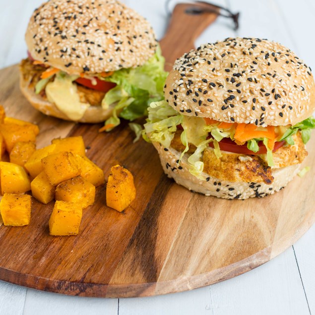 Indian-Spiced Chicken Burgers with Roast Butternut and Curry Mayo