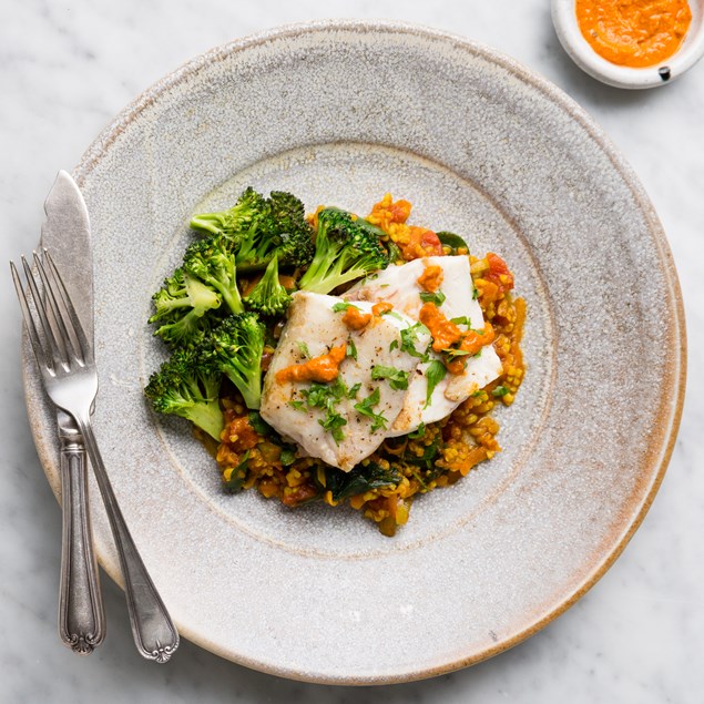 Latin Romesco Fish With Sazon and Tomato Bulgur