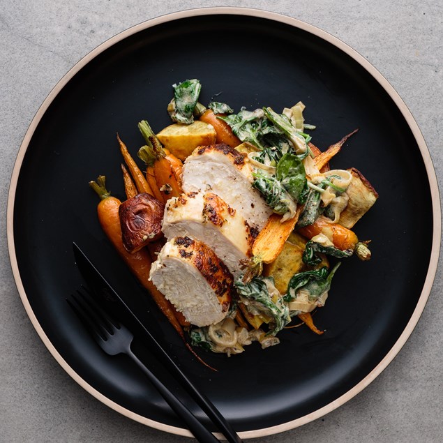 Roasted Chicken & Southern Flame Yams with Creamy Leek Sauce