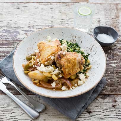 Braised Chicken Thighs with Pearl Couscous and Feta