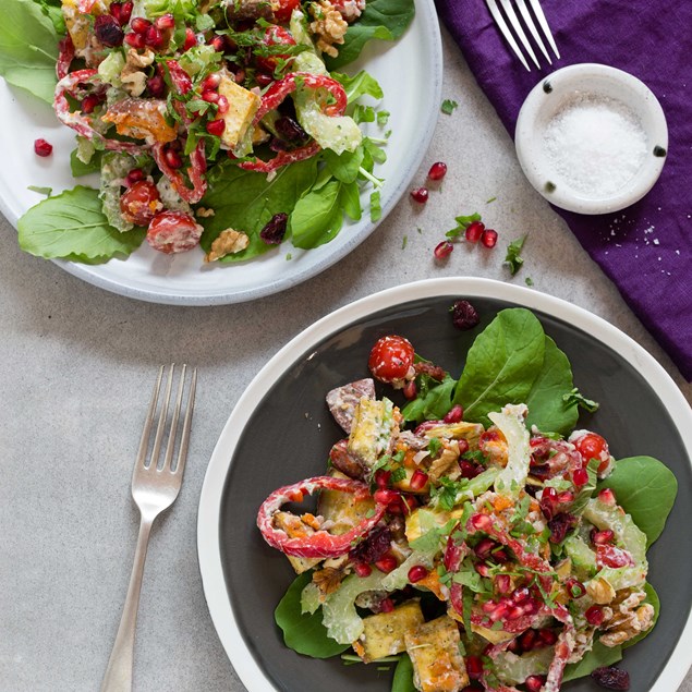 Roast Kumara Salad With Tofu Whip, Pomegranate, Rocket and Walnuts